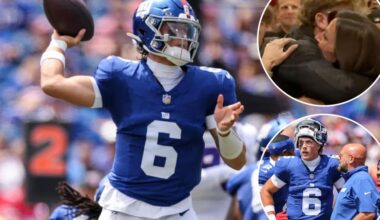 Giants' Jaxson Dart shares hug with mom after dazzling NFL debut