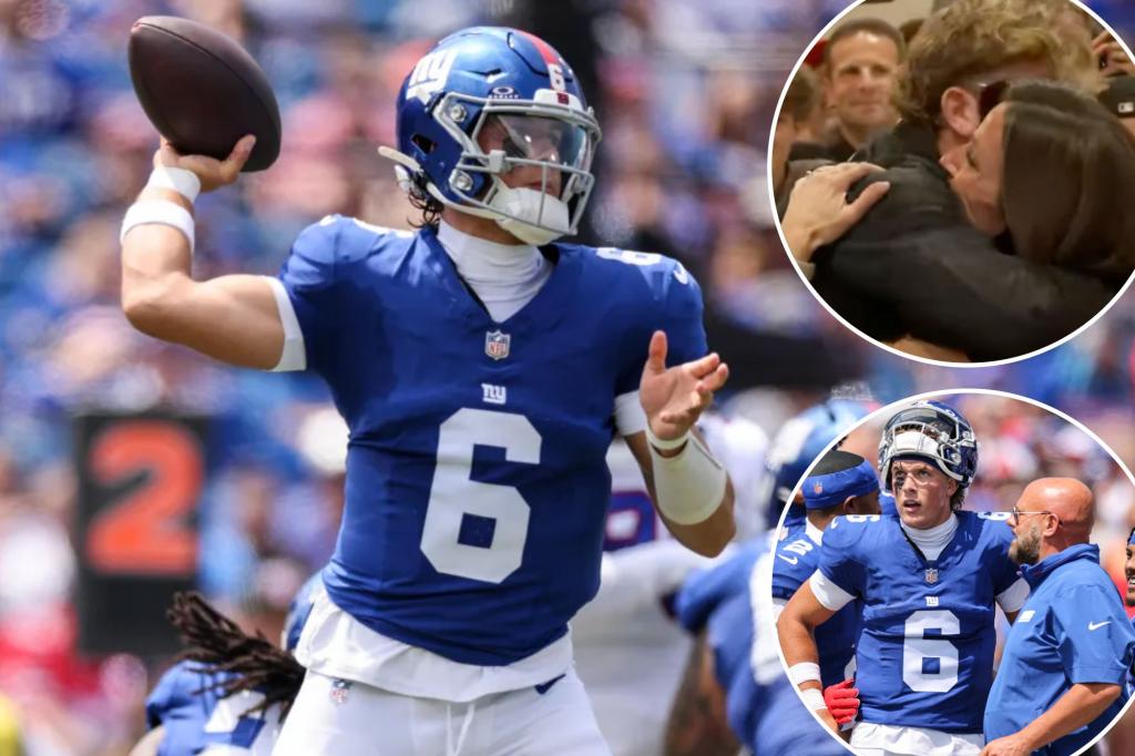 Giants' Jaxson Dart shares hug with mom after dazzling NFL debut