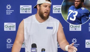 Greg Van Roten imparting wisdom on Evan Neal in awkward Giants position battle