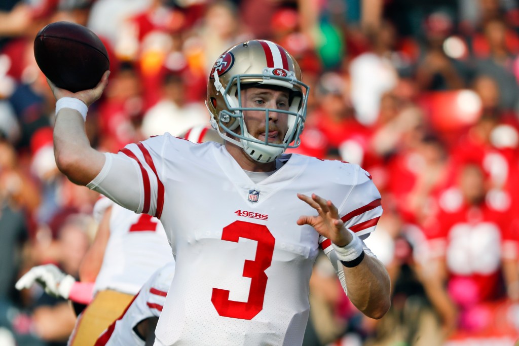 C.J. Beathard, San Francisco 49ers quarterback, throwing a football.