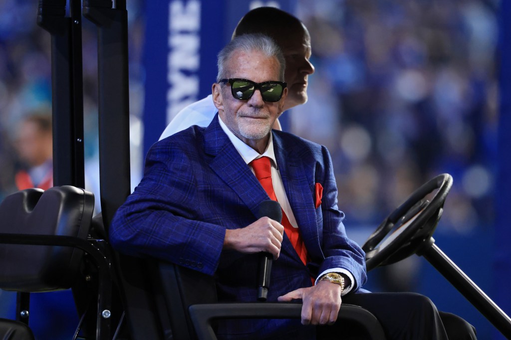 Indianapolis Colts owner Jim Irsay looks on during a Ring of Honor ceremony during halftime of a game against the Miami Dolphins at Lucas Oil Stadium on October 20, 2024 in Indianapolis, Indiana.
