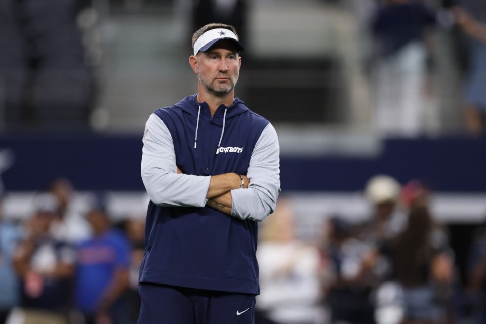 ARLINGTON, TEXAS - AUGUST 16: Dallas Cowboys head coach Brian Schottenheimer looks on prior to the NFL Preseason 2025 game against the Baltimore Ravens at AT&T Stadium on August 16, 2025 in Arlington, Texas. (Photo by Sam Hodde/Getty Images)