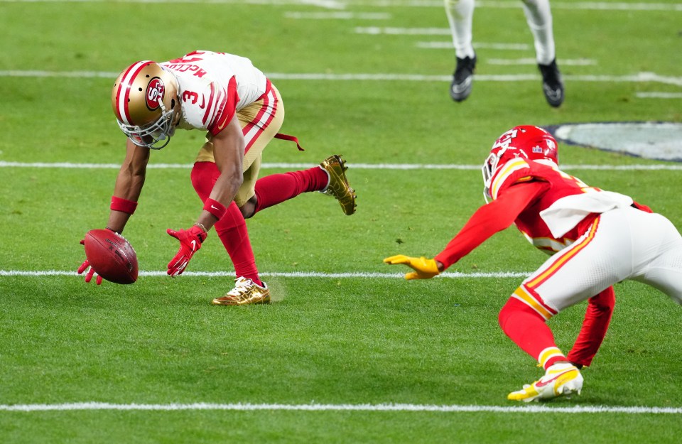 San Francisco 49ers wide receiver Ray-Ray McCloud III recovering a muffed punt.
