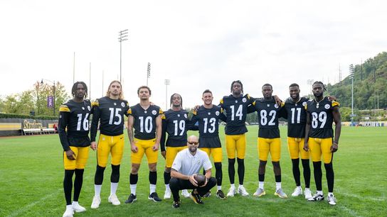 Pittsburgh Steelers' Wide Receivers for 2024 during team picture day with Coach Zach Azzanni. Pittsburgh Steelers' Wide Receivers for 2024 during team picture day with Coach Zach Azzanni.