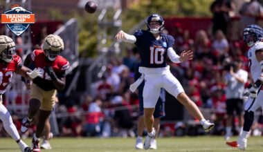 Bo Nix dials up big completions, defense makes plays in joint practice vs. 49ers
