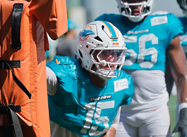 Miami Dolphins linebacker Jaelan Phillips runs a drill during a...