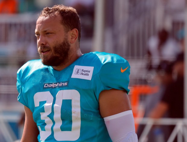 Miami Dolphins fullback Alec Ingold is seen during a joint...