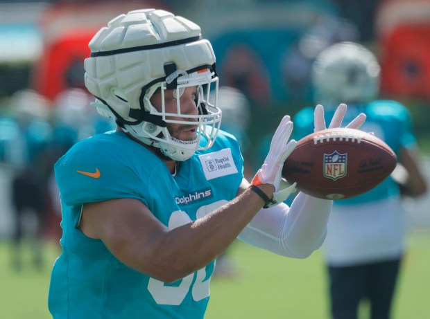 Miami Dolphins fullback Alec Ingold catches a pass during a...