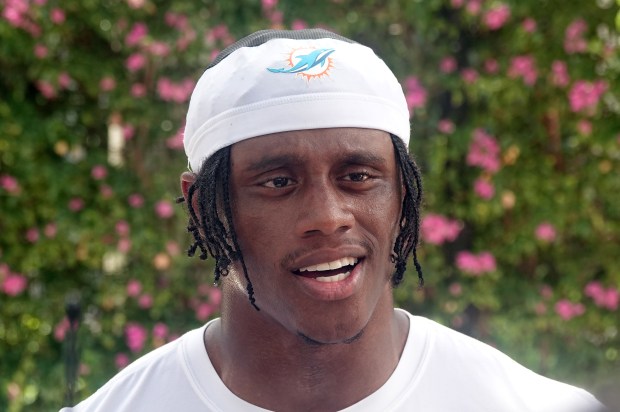 Miami Dolphins cornerback Jason Marshall Jr. speaks to the media...
