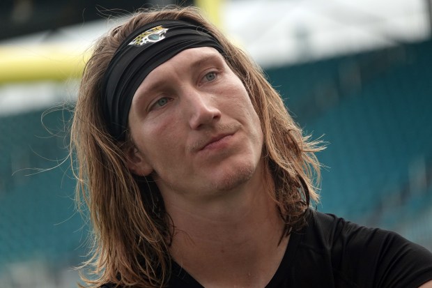 Jacksonville Jaguars quarterback Trevor Lawrence speaks to the media during...