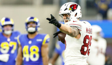 Arizona Cardinals TE Trey McBride celebrates after a catch...