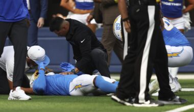 Chargers WR Quentin Johnston leaves field on cart after big hit on 3rd snap vs Rams