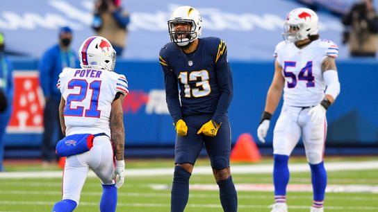 Los Angeles Chargers wide receiver Keenan Allen (13) reacts to a catch in the direction of Buffalo Bills free safety Jordan Poyer (21) during the third quarter at Bills Stadium. 