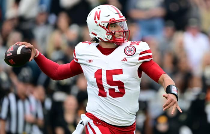 Sep 28, 2024; West Lafayette, Indiana, USA; Nebraska Cornhuskers quarterback Dylan Raiola (15) throws a pass against the Purdue Boilermakers during the first quarter at Ross-Ade Stadium.