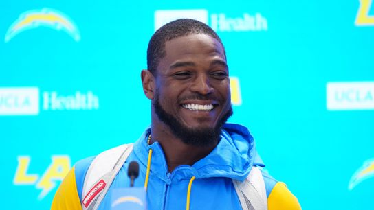 Los Angeles Chargers linebacker Denzel Perryman smiles at press conference during offseason workouts at The Bolt.