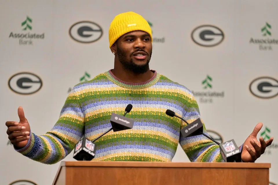 Green Bay Packers defensive end Micah Parsons speaks during a news conference on Aug. 29.