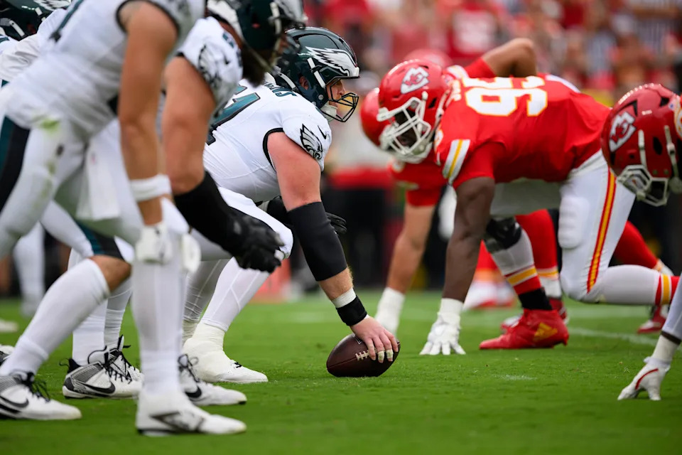 Philadelphia Eagles center Cam Jurgens prepares to snap the ball during the second quarter of an NFL football game against the Kansas City Chiefs, Sunday, Sept. 14, 2025 in Kansas City, Mo. (AP Photo/Reed Hoffmann)