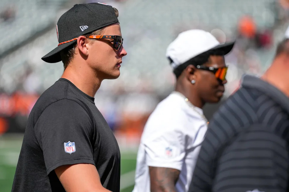 Cincinnati Bengals quarterback Joe Burrow (9) walks for the locker room after the fourth quarter of the NFL Preseason Week 3 game between the Cincinnati Bengals and the Indianapolis Colts at Paycor Stadium in Cincinnati on Saturday, Aug. 23, 2025. The Colts won 41-14.