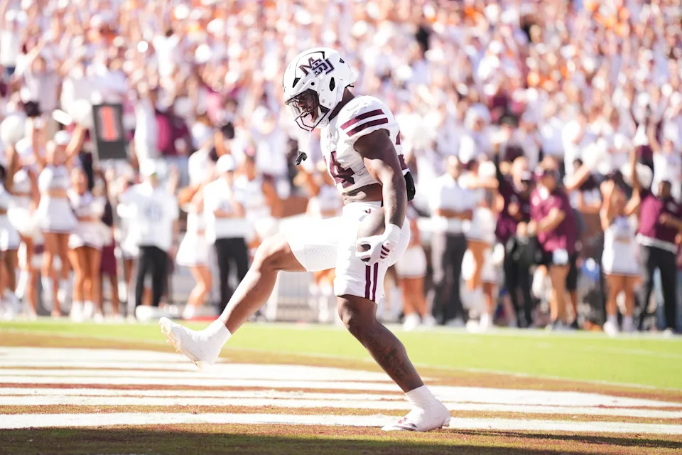 Mississippi State running back Fluff Bothwell (24) celebrates a touchdown during a college football game between Tennessee and Mississippi State at Davis Wade Stadium in Starkville, Miss., on Sept. 27, 2025.