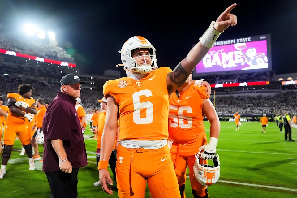 Tennessee quarterback Joey Aguilar (6) points toward the Tennessee fans after the Vols defeated Mississippi State in overtime at Davis Wade Stadium in Starkville, Miss., on Sept. 27, 2025.