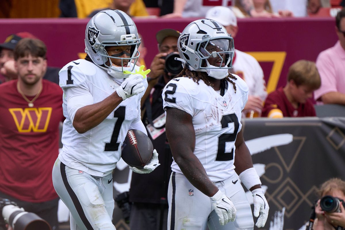 Wide Receiver Tre Tucker #1 of the Las Vegas Raiders celebrates after scoring a touchdown during the first half against the Washington Commanders during an NFL football game at Northwest Stadium on September 21, 2025 in Landover, Maryland. Wide Receiver Tre Tucker #1 of the Las Vegas Raiders celebrates after scoring a touchdown during the first half against the Washington Commanders during an NFL football game at Northwest Stadium on September 21, 2025 in Landover, Maryland.