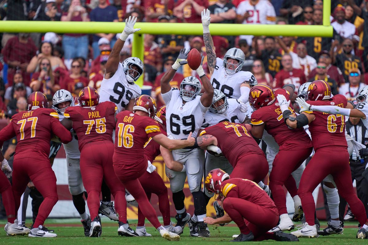 Defensive Tackle Adam Butler #69 of the Las Vegas Raiders attempts to block an extra point from Place Kicker Matt Gay #16 of the Washington Commanders during the first half against the Washington Commanders during an NFL football game at Northwest Stadium on September 21, 2025 in Landover, Maryland. Defensive Tackle Adam Butler #69 of the Las Vegas Raiders attempts to block an extra point from Place Kicker Matt Gay #16 of the Washington Commanders during the first half against the Washington Commanders during an NFL football game at Northwest Stadium on September 21, 2025 in Landover, Maryland.
