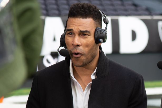 UK NFL television team Jason Bell and Sam Quek before the game between the Chicago Bears and the Oakland Raiders on October 6th, 2019 at Tottenham Hotspur Stadium in London, England. 