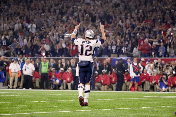 Rear view of New England Patriots QB Tom Brady (12) victorious during game vs Atlanta Falcons at NRG Stadium.