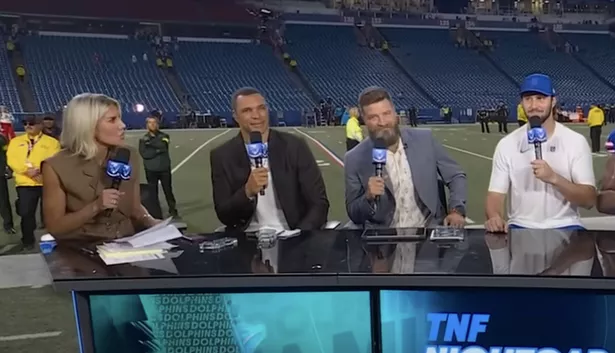Charissa Thompson on the Amazon Prime broadcast alongside Tony Gonzalez, Ryan Fitzpatrick and Josh Allen
