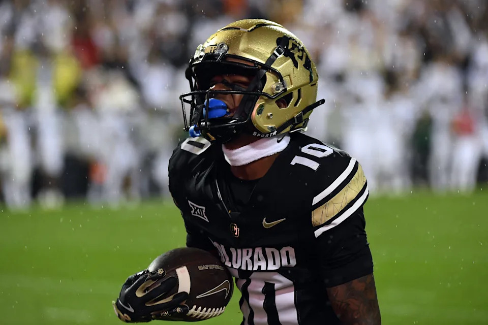 Sep 21, 2024; Boulder, Colorado, USA; Colorado Buffaloes wide receiver LaJohntay Wester (10) celebrates after catching a pass to tie the game in the final seconds of the game against the Baylor Bears at Folsom Field. Mandatory Credit: Christopher Hanewinckel-Imagn Images