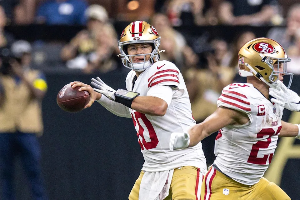 Sep 14, 2025; New Orleans, Louisiana, USA; San Francisco 49ers quarterback Mac Jones (10) passes against the New Orleans Saints during the first half at Caesars Superdome. Mandatory Credit: Stephen Lew-Imagn Images