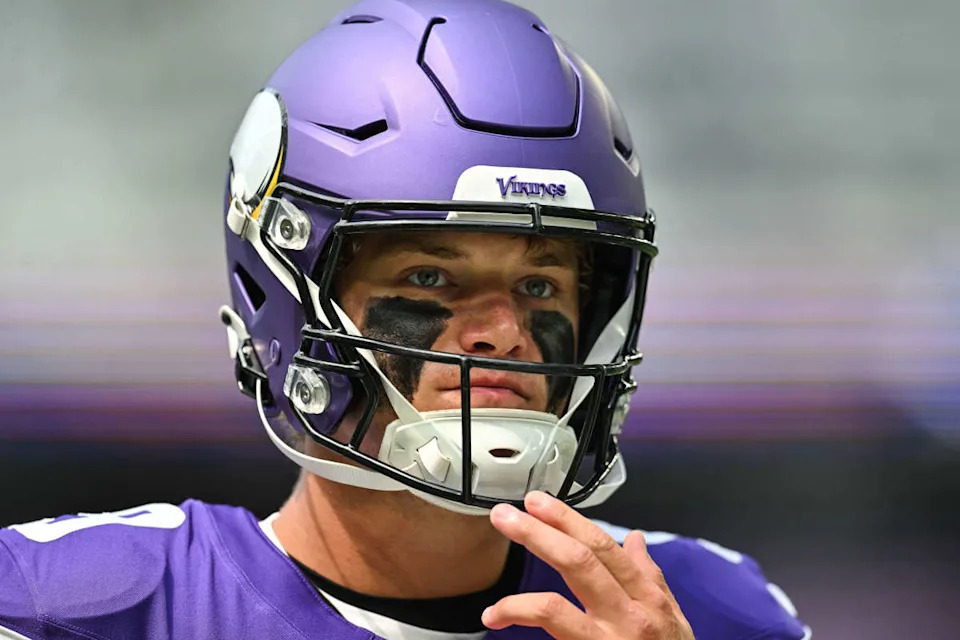 Aug 9, 2025; Minneapolis, Minnesota, USA; Minnesota Vikings quarterback J.J. McCarthy (9) warms up before the game against the Houston Texans at U.S. Bank Stadium. Mandatory Credit: Jeffrey Becker-Imagn Images© Jeffrey Becker-Imagn Images