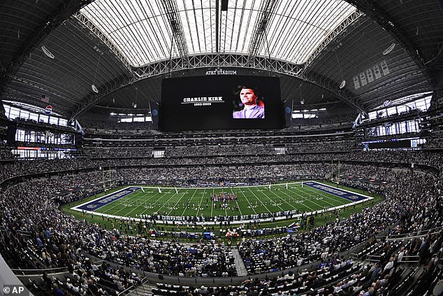 Five NFL teams failed to honor the MAGA star on Sunday, unlike the Dallas Cowboys - who did so before their game against the New York Giants at AT&T Stadium (pictured)