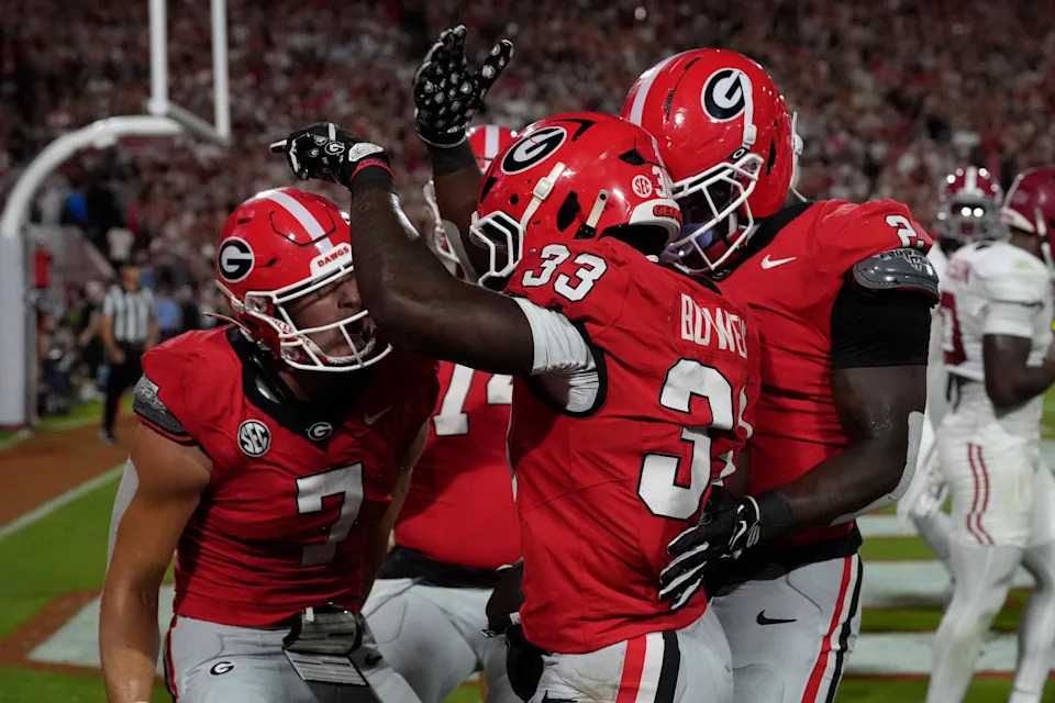 Georgia Bulldogs running back Chauncey Bowens (33) celebrates after scoring a touchdown during the first half of a NCAA college football game against Alabama in Athens, Ga., on Saturday, September 27, 2025.
