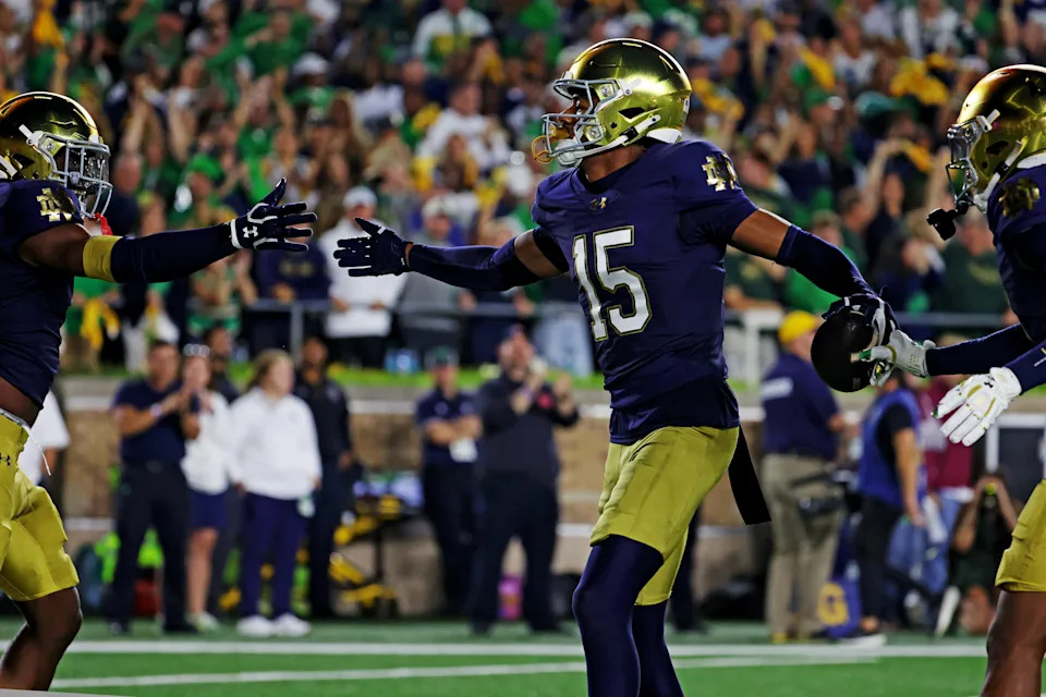 Sep 13, 2025; South Bend, Indiana, USA; Notre Dame Fighting Irish cornerback Leonard Moore (15) reacts after a play against the Texas A&M Aggies during the first half at Notre Dame Stadium. Mandatory Credit: Trevor Ruszkowski-Imagn Images