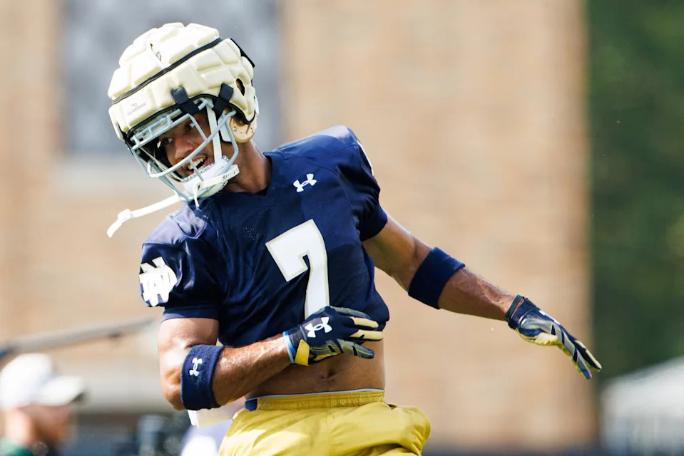 Notre Dame cornerback Jaden Mickey participates in a drill during a Notre Dame football practice at Irish Athletic Center on Wednesday, July 31, 2024, in South Bend.