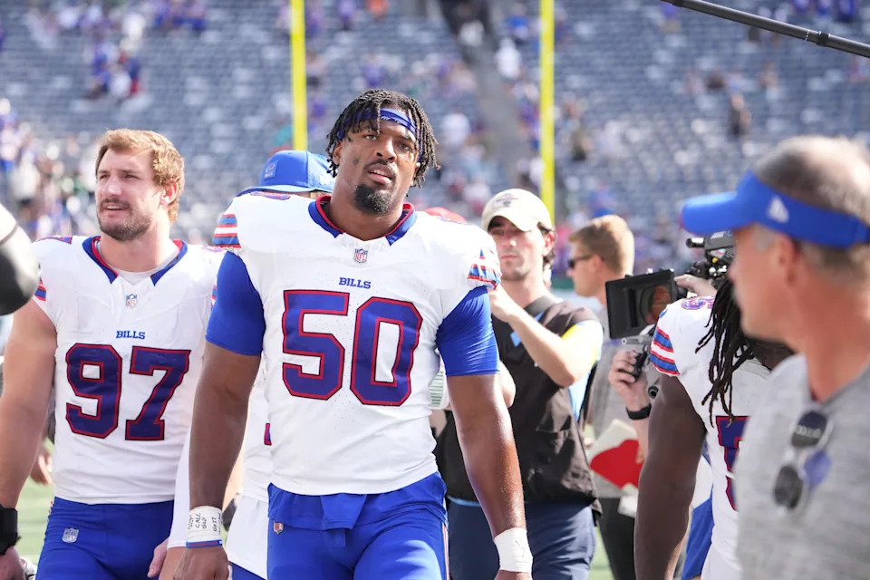 Sep 14, 2025; East Rutherford, New Jersey, USA; Buffalo Bills defensive end Greg Rousseau (50) after the game against the New York Jets at MetLife Stadium. Mandatory Credit: Robert Deutsch-Imagn Images