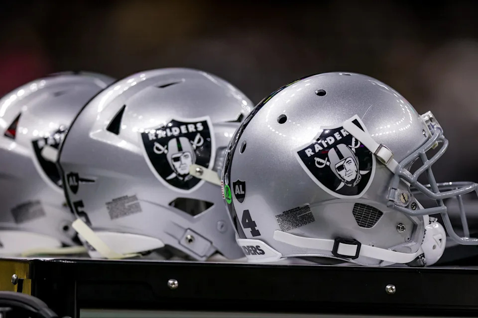 Oct 30, 2022; New Orleans, Louisiana, USA; General view of the Las Vegas Raiders helmets during the game against the New Orleans Saints during the first half at Caesars Superdome. Mandatory Credit: Stephen Lew-USA TODAY Sports