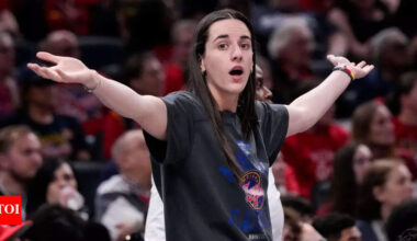 Caitlin Clark shares courtside moment with San Francisco 49ers players during Indiana Fever clash with Valkyries | NBA News