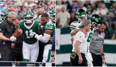 Jets' Jermaine Johnson and Steelers' Aaron Rodgers connected by a jet