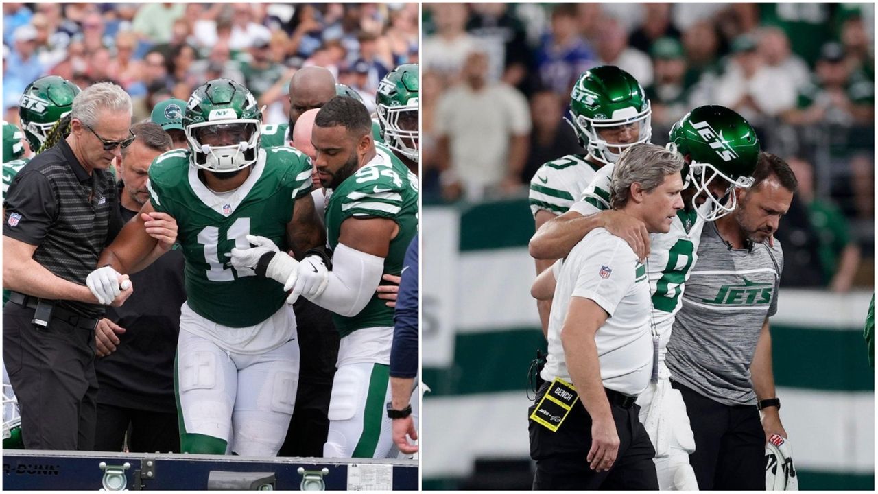 Jets' Jermaine Johnson and Steelers' Aaron Rodgers connected by a jet