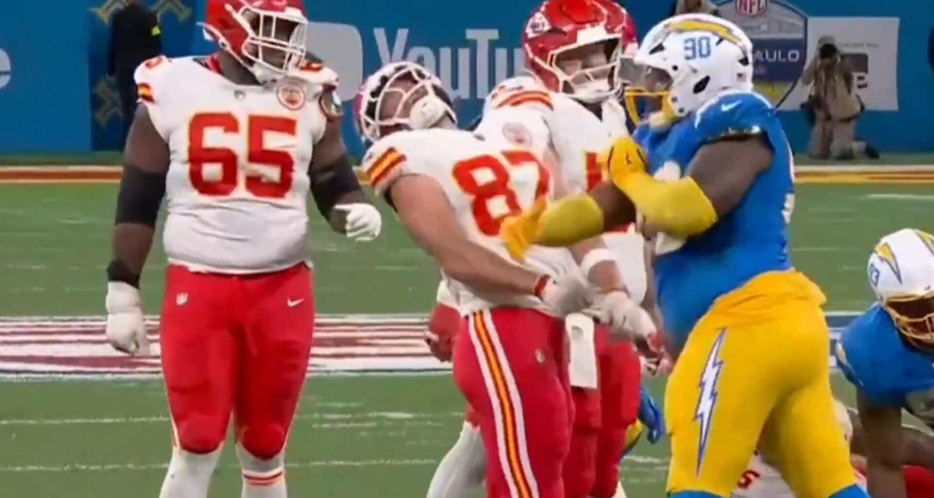 Travis Kelce smacked in head with brutal shot as Kansas City Chiefs star is attacked by Los Angeles Chargers rival