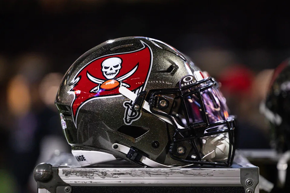 Oct 13, 2024; New Orleans, Louisiana, USA; Detailed view of the Tampa Bay Buccaneers helmet against the New Orleans Saints during the first half at Caesars Superdome. Mandatory Credit: Stephen Lew-Imagn Images