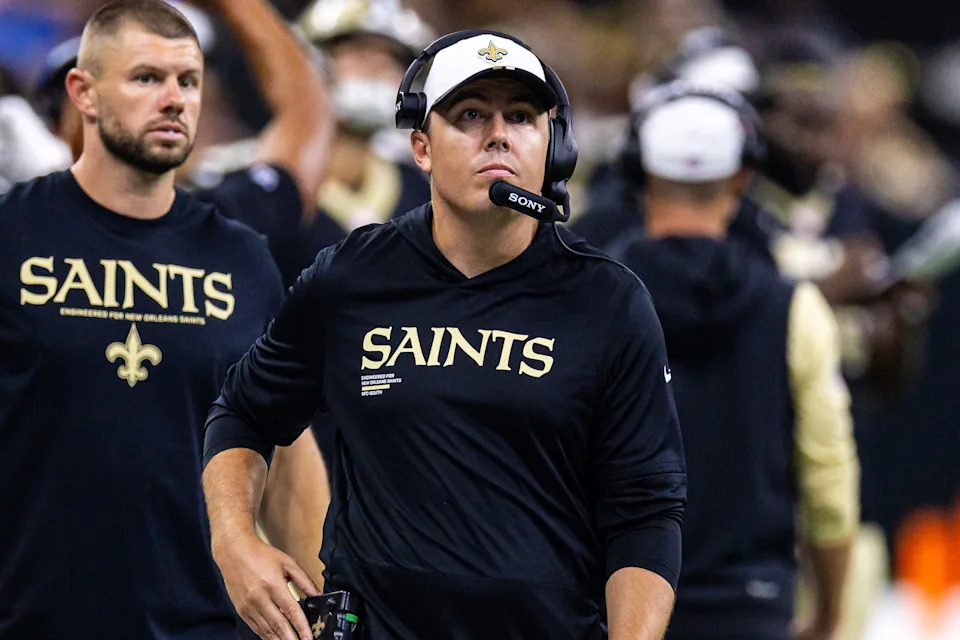 Aug 23, 2025; New Orleans, Louisiana, USA; New Orleans Saints head coach Kellen Moore looks on against the Denver Broncos during the first half at Caesars Superdome. Mandatory Credit: Stephen Lew-Imagn Images