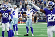 Dallas Cowboys place kicker Brandon Aubrey (17) claps after hitting a game-tying field goal...