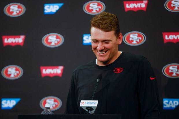 San Francisco 49ers' Mac Jones speaks during a press conference at Levi's Stadium in Santa Clara, Calif., on Wednesday, June 4, 2025. (Shae Hammond/Bay Area News Group)