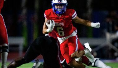Quarterback Rees Wise (9) leads his team in a prayer as the Westlake Chaparrals take the field ahead of their against the Steele Knights at Chaparral Stadium in West Lake Hills, Sept. 19, 2025.