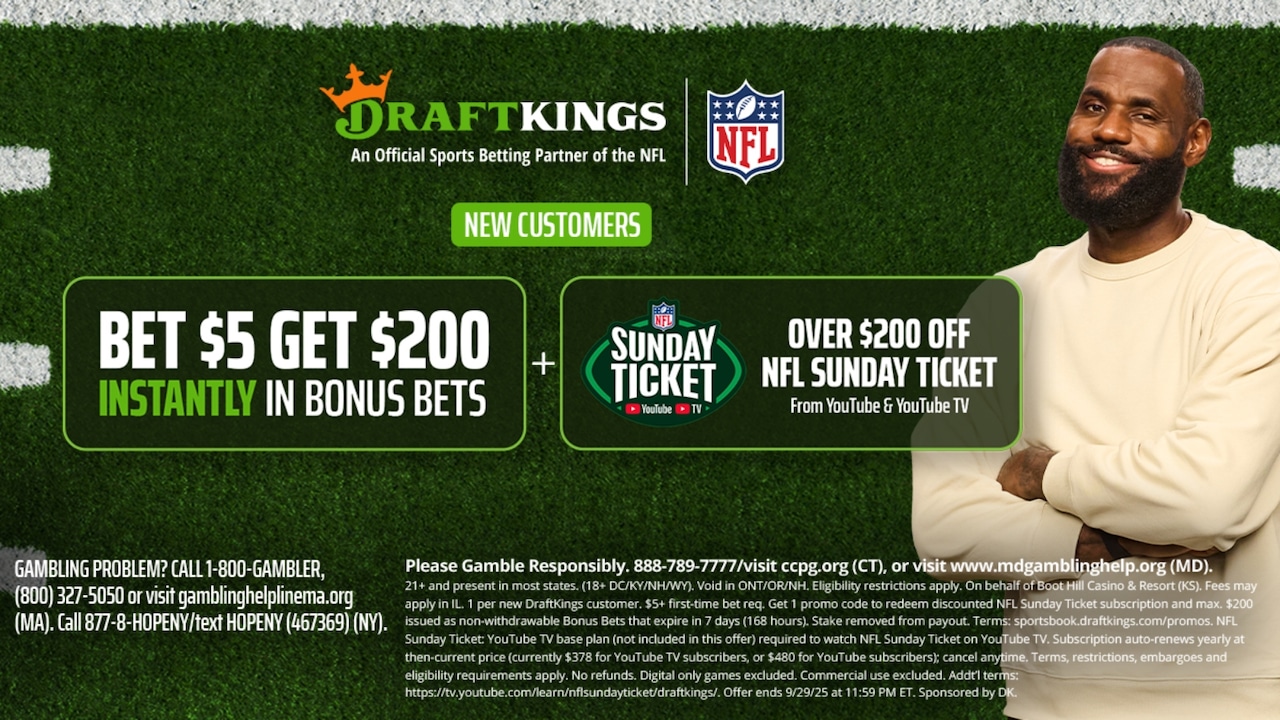 A visual summary of the DraftKings Sportsbook sign-up bonus for new users, which offers $200 in bonus bets and over $200 off NFL Sunday Ticket. The image features a picture of NBA superstar LeBron James wearing a white sweater with his arms crossed.