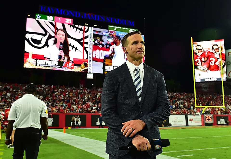 TAMPA, FLORIDA - SEPTEMBER 09: Drew Brees stands on the sideline during the game between the Tampa Bay Buccaneers and the Dallas Cowboys at Raymond James Stadium on September 09, 2021 in Tampa, Florida. (Photo by Julio Aguilar/Getty Images)Getty
