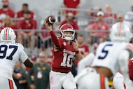 Oklahoma quarterback John Mateer (10) passes against Auburn during the second half of an...